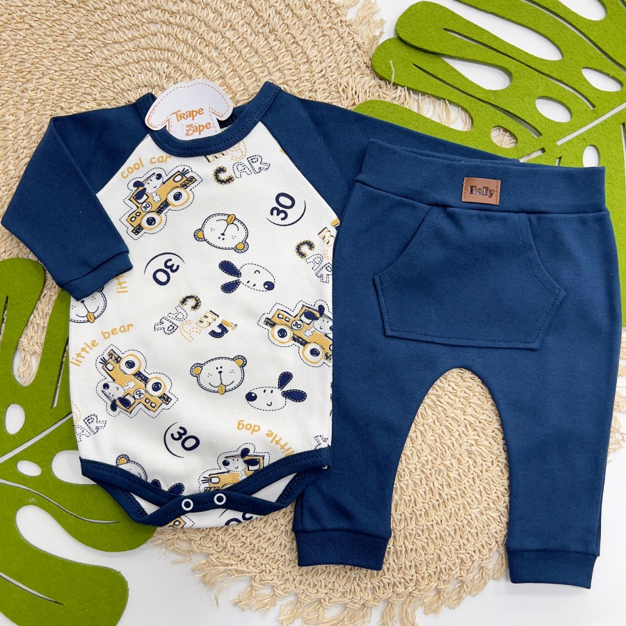 Conj. Body Cool Car Manga Longa e Calça - Marinho e Off White